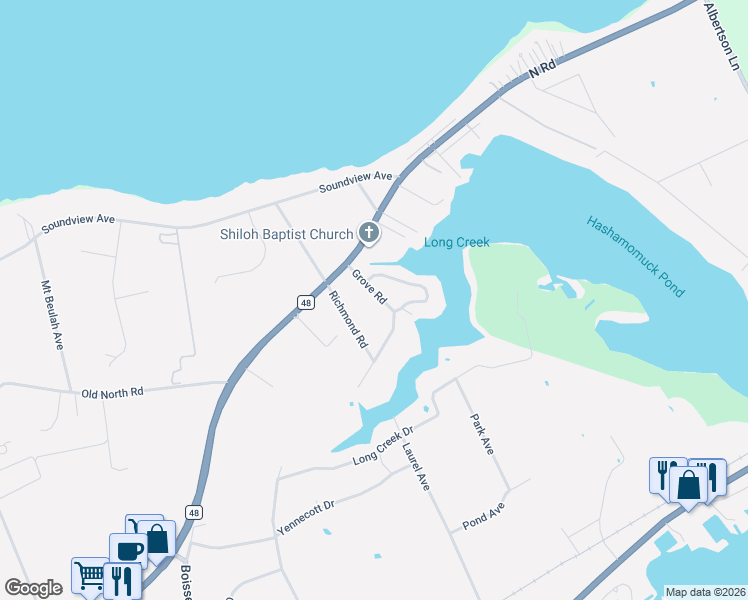 map of restaurants, bars, coffee shops, grocery stores, and more near 500 Grove Rd in Southold