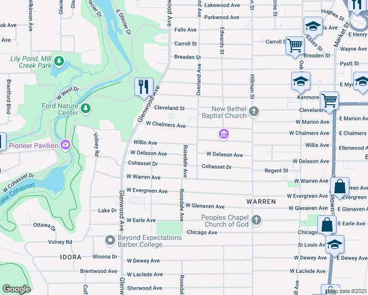 map of restaurants, bars, coffee shops, grocery stores, and more near 529 Willis Avenue in Youngstown