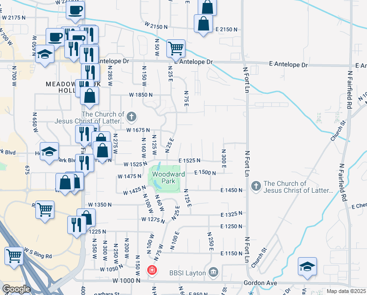 map of restaurants, bars, coffee shops, grocery stores, and more near 1612 North 100 East in Layton