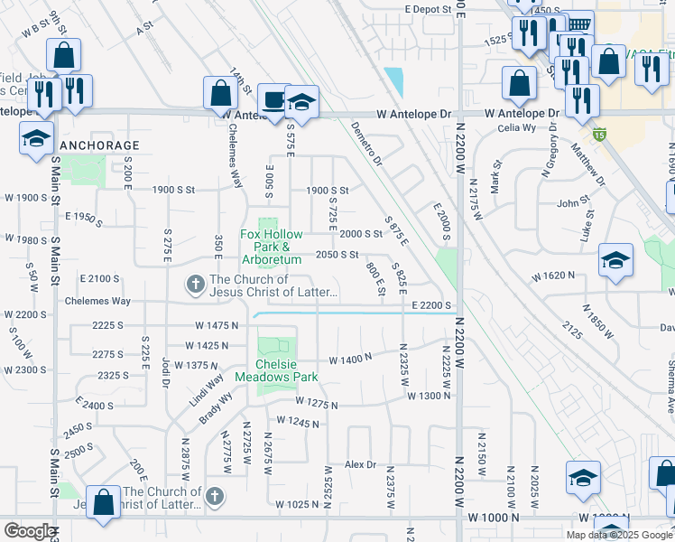 map of restaurants, bars, coffee shops, grocery stores, and more near 2117 South 725 East in Clearfield