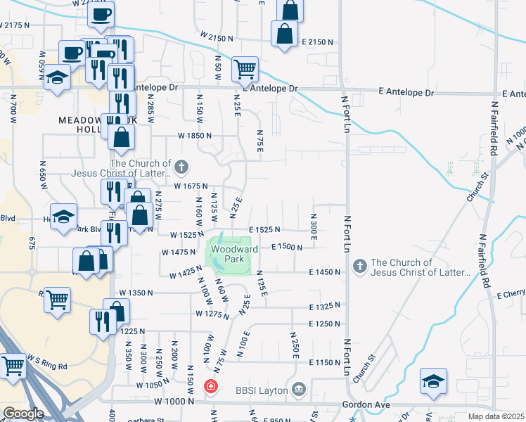 map of restaurants, bars, coffee shops, grocery stores, and more near 1612 North 100 East in Layton