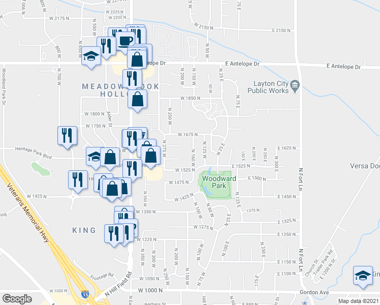 map of restaurants, bars, coffee shops, grocery stores, and more near 197 West 1650 North in Layton
