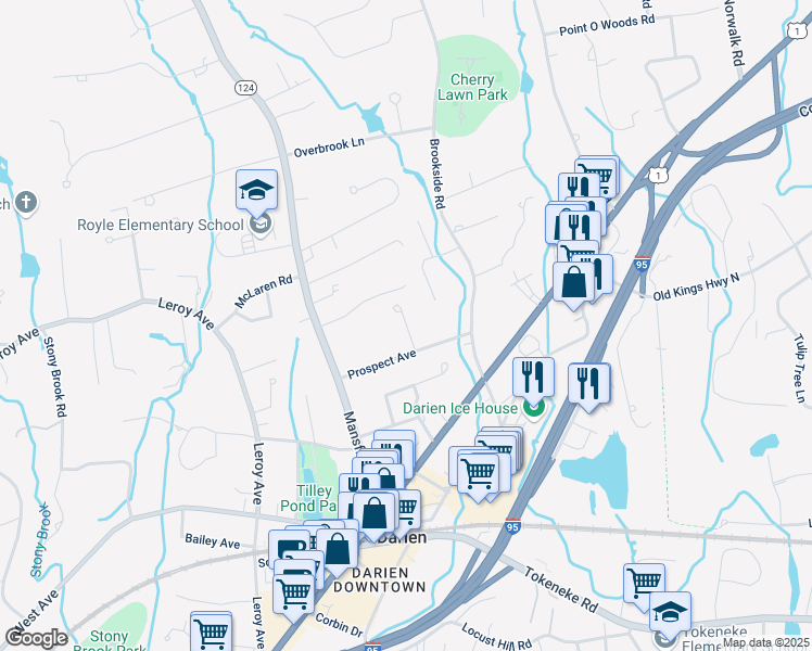 map of restaurants, bars, coffee shops, grocery stores, and more near 10 Morehouse Dr in Darien