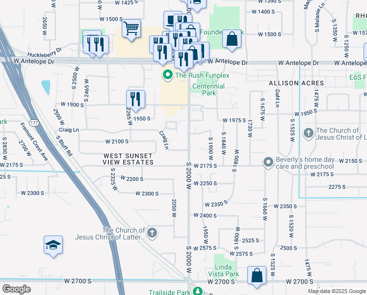 map of restaurants, bars, coffee shops, grocery stores, and more near 2092 South 2000 West in Syracuse