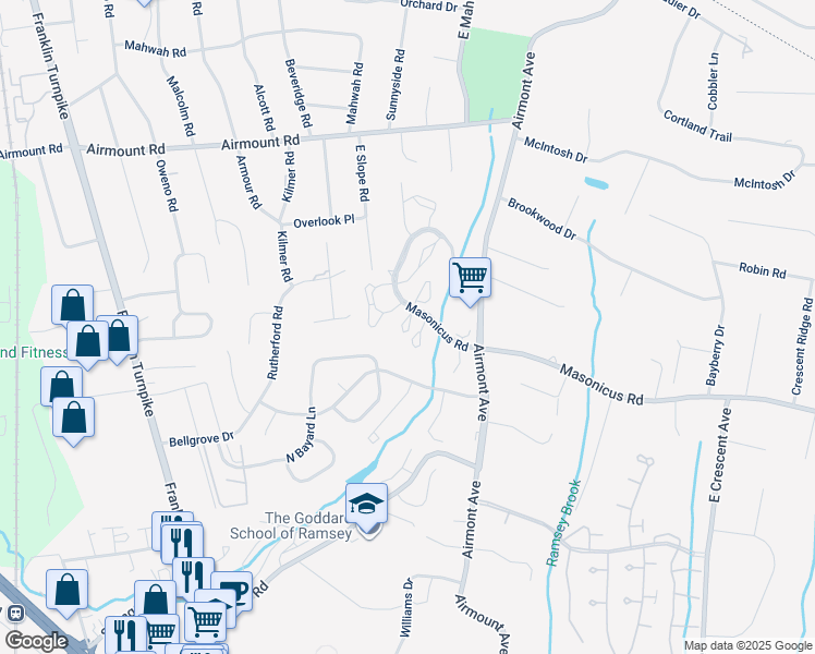 map of restaurants, bars, coffee shops, grocery stores, and more near 4 Devon Court in Mahwah