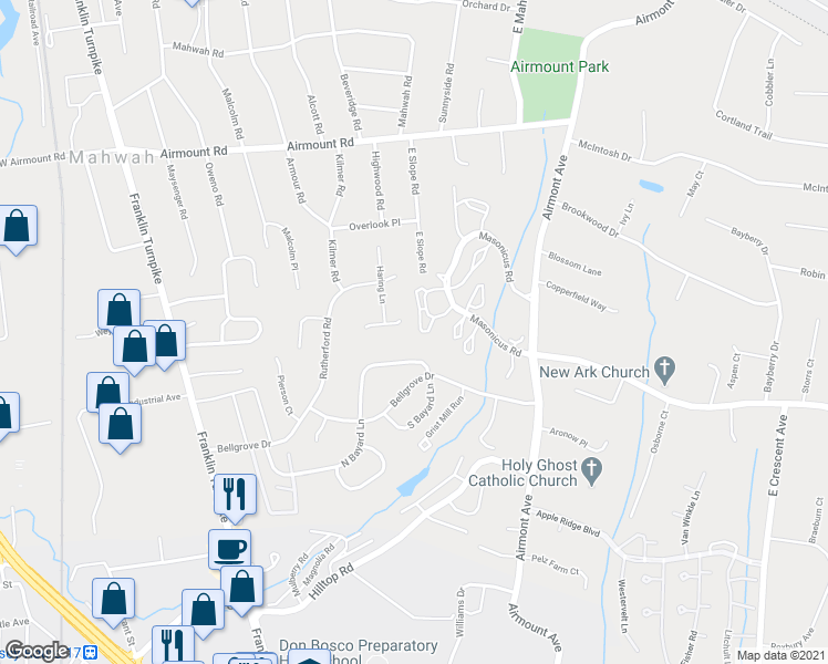 map of restaurants, bars, coffee shops, grocery stores, and more near 1180 Richmond Road in Mahwah