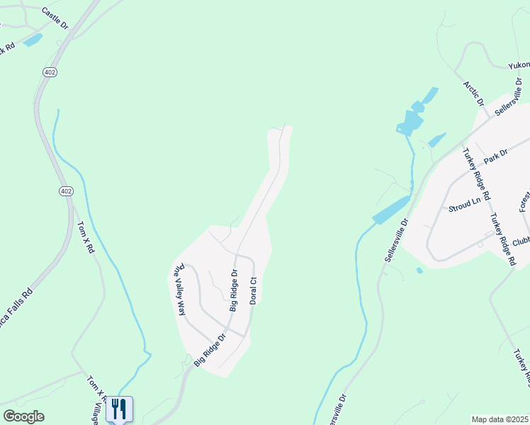 map of restaurants, bars, coffee shops, grocery stores, and more near 1736 Big Ridge Drive in East Stroudsburg