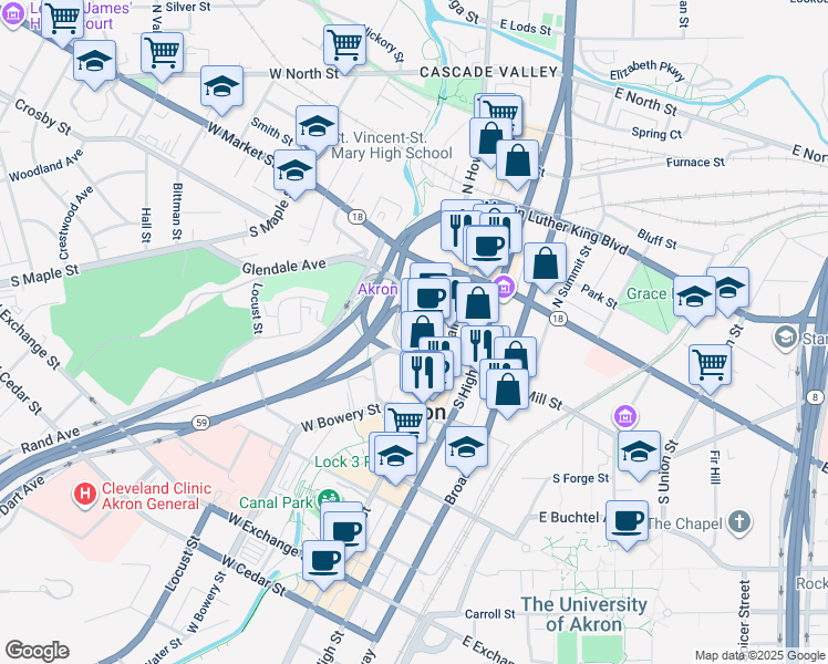 map of restaurants, bars, coffee shops, grocery stores, and more near 11 West Mill Street in Akron