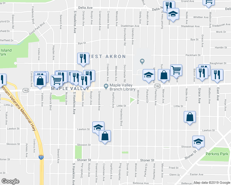 map of restaurants, bars, coffee shops, grocery stores, and more near 863 Hartford Avenue in Akron