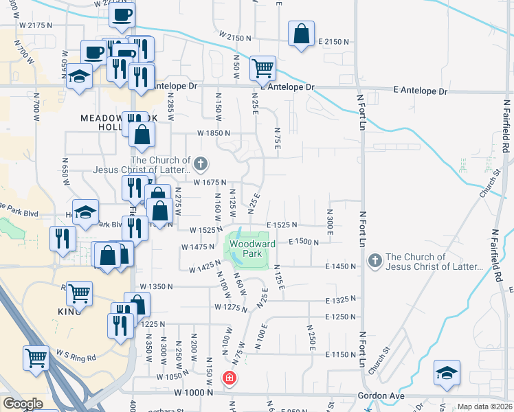 map of restaurants, bars, coffee shops, grocery stores, and more near 1622 North 25 East in Layton