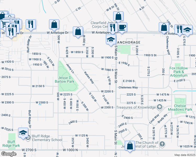 map of restaurants, bars, coffee shops, grocery stores, and more near 156 West 2100 South in Clearfield