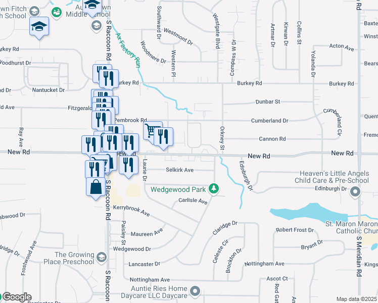 map of restaurants, bars, coffee shops, grocery stores, and more near 4176 New Road in Austintown