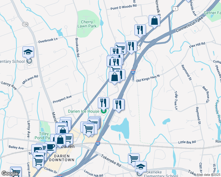 map of restaurants, bars, coffee shops, grocery stores, and more near 98 Old Kings Highway North in Darien