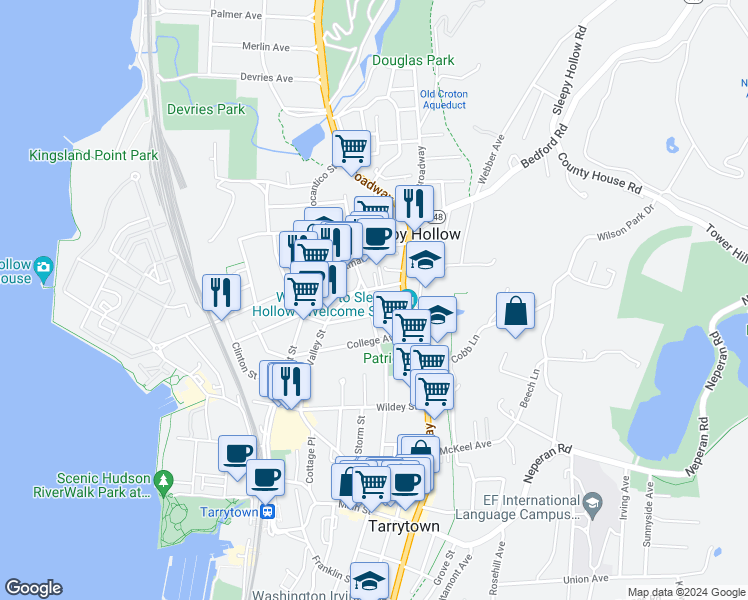 map of restaurants, bars, coffee shops, grocery stores, and more near 204 North Washington Street in Sleepy Hollow