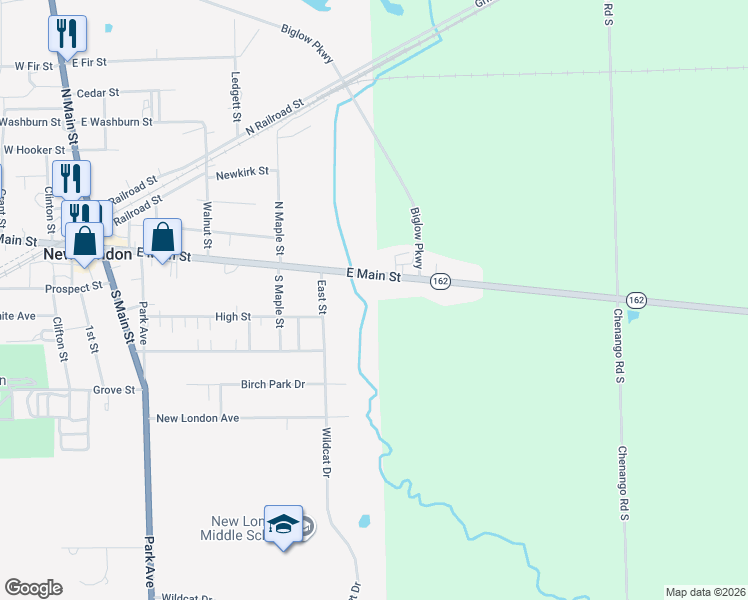 map of restaurants, bars, coffee shops, grocery stores, and more near 260 E Main St in New London
