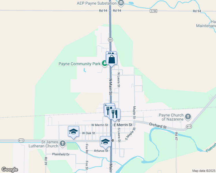 map of restaurants, bars, coffee shops, grocery stores, and more near 411 North Main Street in Payne