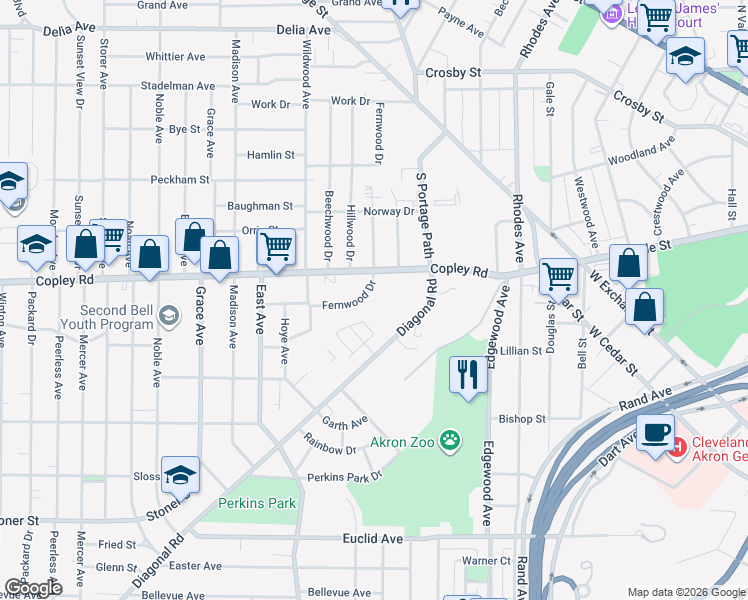 map of restaurants, bars, coffee shops, grocery stores, and more near 521 Fernwood Dr in Akron