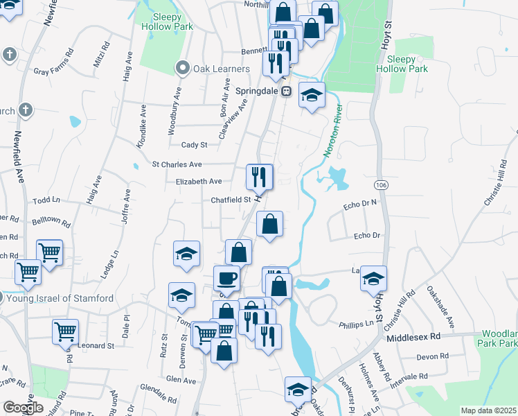 map of restaurants, bars, coffee shops, grocery stores, and more near 715 Hope Street in Stamford