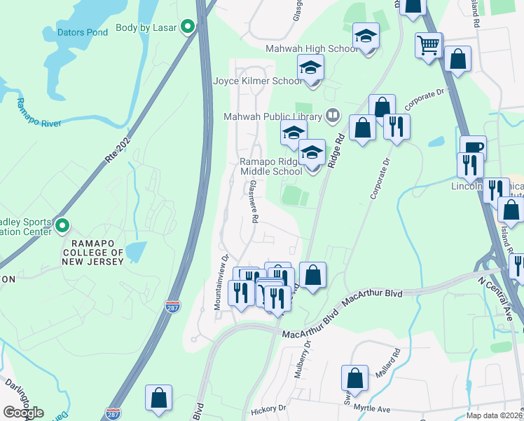 map of restaurants, bars, coffee shops, grocery stores, and more near 610 Glasmere Road in Mahwah