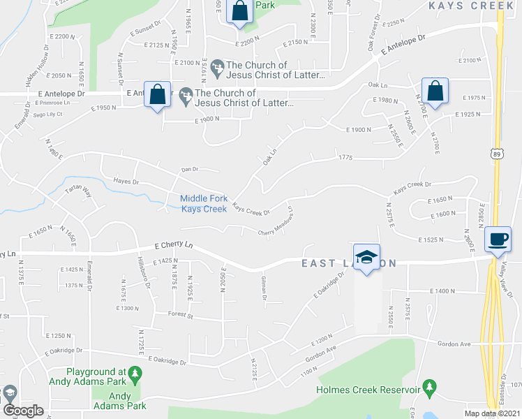 map of restaurants, bars, coffee shops, grocery stores, and more near 2153 Kays Creek Dr in Layton