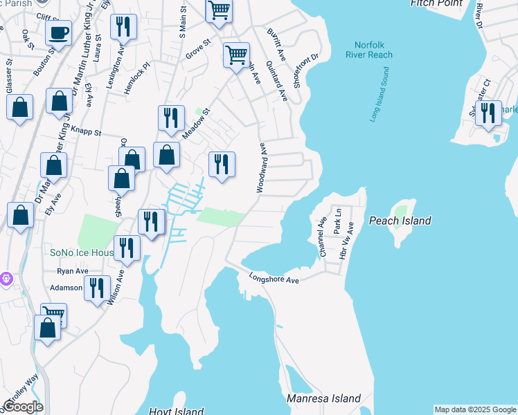 map of restaurants, bars, coffee shops, grocery stores, and more near 2 Burwell Street in Norwalk