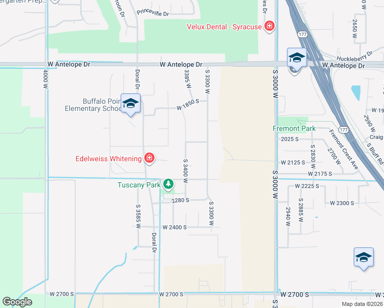 map of restaurants, bars, coffee shops, grocery stores, and more near 2109 South 3400 West in Syracuse
