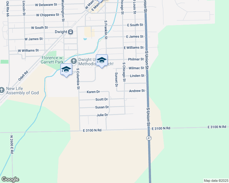 map of restaurants, bars, coffee shops, grocery stores, and more near 1102 Greenfield Drive in Dwight