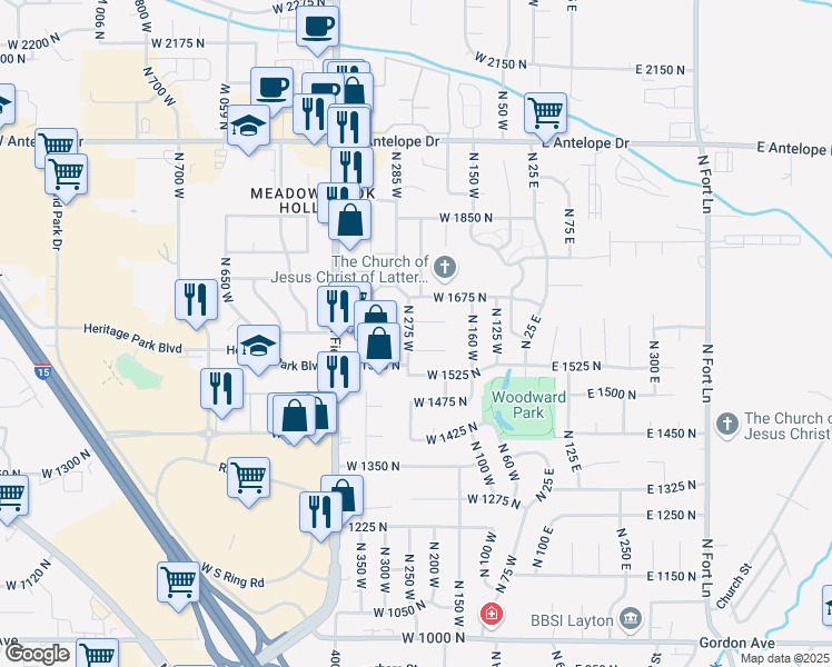 map of restaurants, bars, coffee shops, grocery stores, and more near 1620 North 275 West in Layton