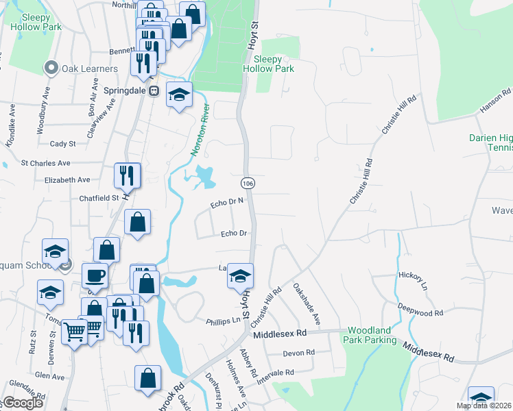 map of restaurants, bars, coffee shops, grocery stores, and more near 80 Hoyt Street in Darien