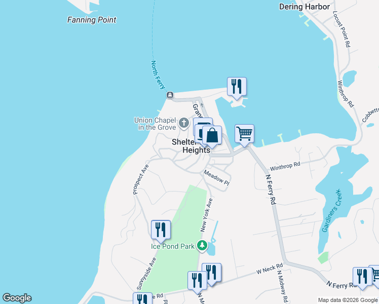 map of restaurants, bars, coffee shops, grocery stores, and more near 5 Spring Garden Avenue in Shelter Island