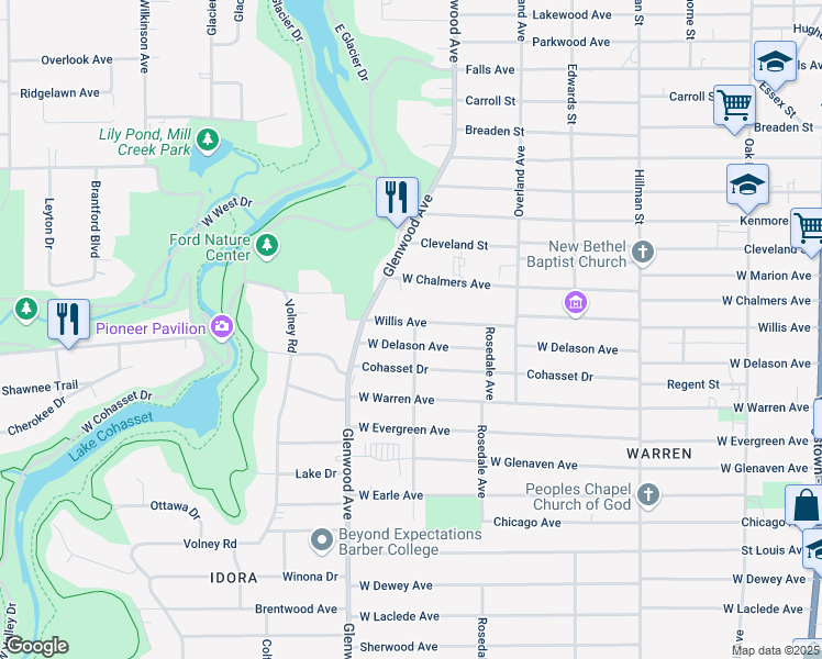 map of restaurants, bars, coffee shops, grocery stores, and more near 605 Willis Ave in Youngstown