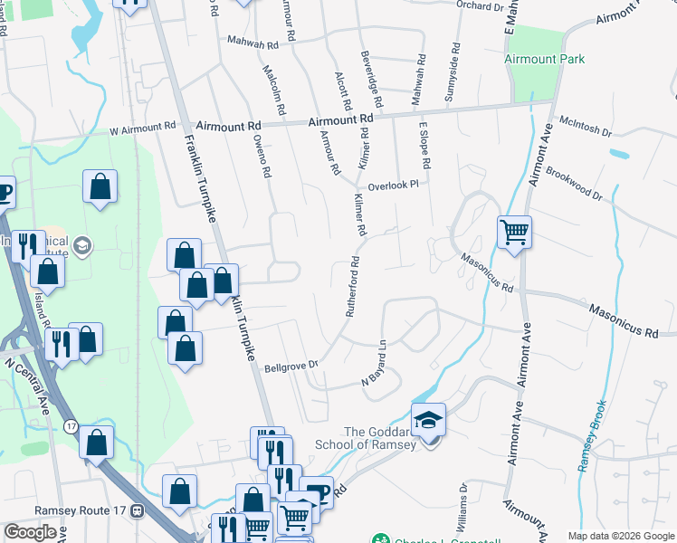 map of restaurants, bars, coffee shops, grocery stores, and more near 7 Moccasin Court in Mahwah