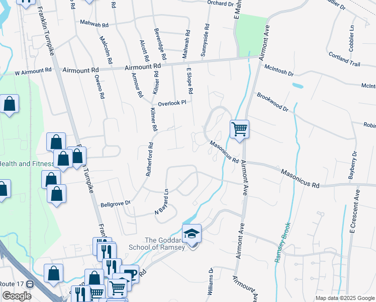 map of restaurants, bars, coffee shops, grocery stores, and more near 1185 Richmond Road in Mahwah