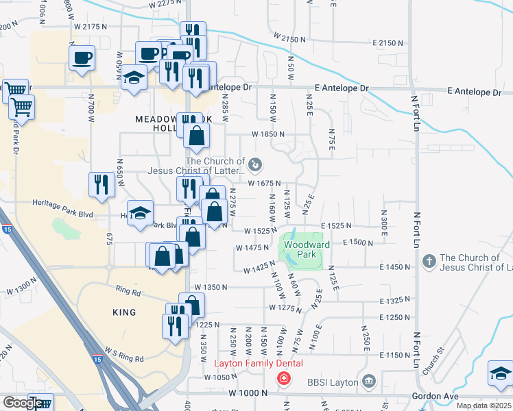 map of restaurants, bars, coffee shops, grocery stores, and more near 197 West 1650 North in Layton