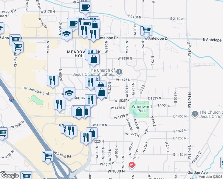 map of restaurants, bars, coffee shops, grocery stores, and more near 1620 North 275 West in Layton