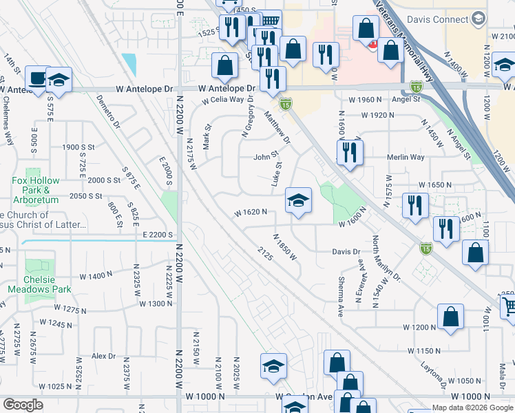 map of restaurants, bars, coffee shops, grocery stores, and more near 1906 West 1620 North in Layton