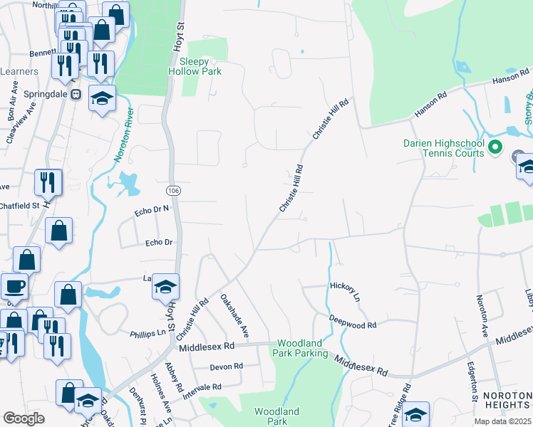map of restaurants, bars, coffee shops, grocery stores, and more near 85 Christie Hill Road in Darien