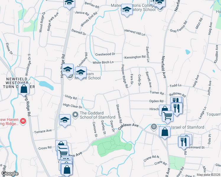 map of restaurants, bars, coffee shops, grocery stores, and more near 190 High Clear Drive in Stamford