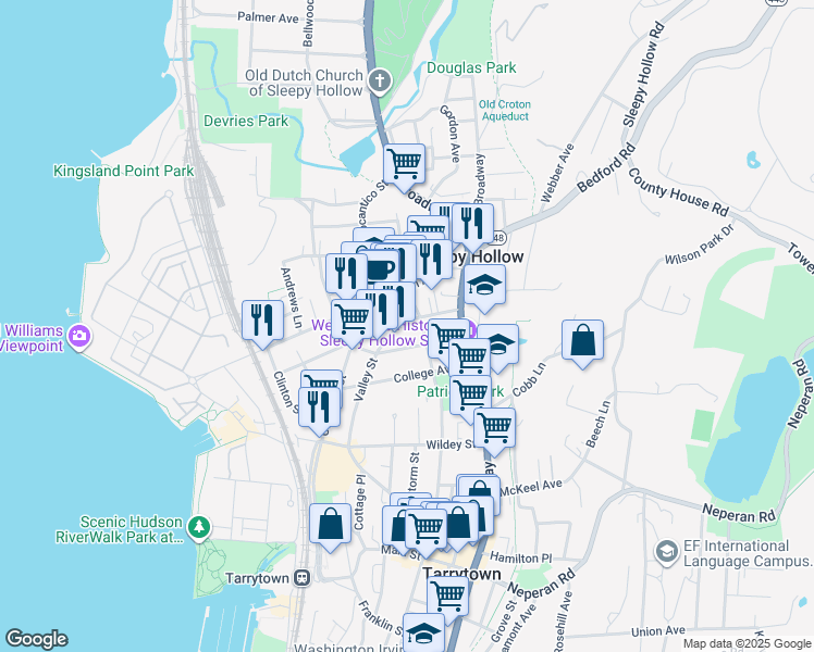 map of restaurants, bars, coffee shops, grocery stores, and more near 185 Valley Street in Sleepy Hollow