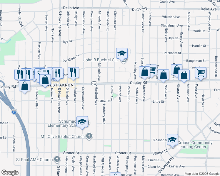 map of restaurants, bars, coffee shops, grocery stores, and more near 1127 Copley Road in Akron