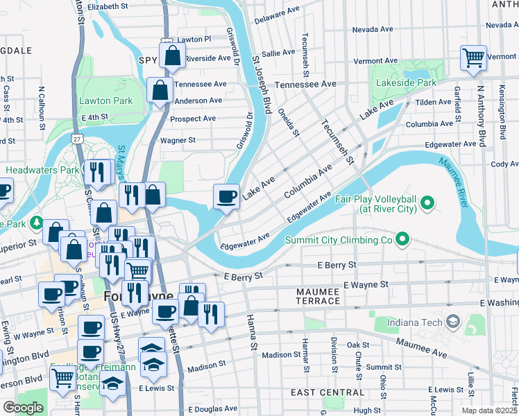 map of restaurants, bars, coffee shops, grocery stores, and more near 819 Columbia Avenue in Fort Wayne