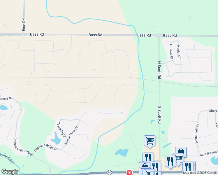 map of restaurants, bars, coffee shops, grocery stores, and more near 10712-10724 Monte Vista Court in Fort Wayne