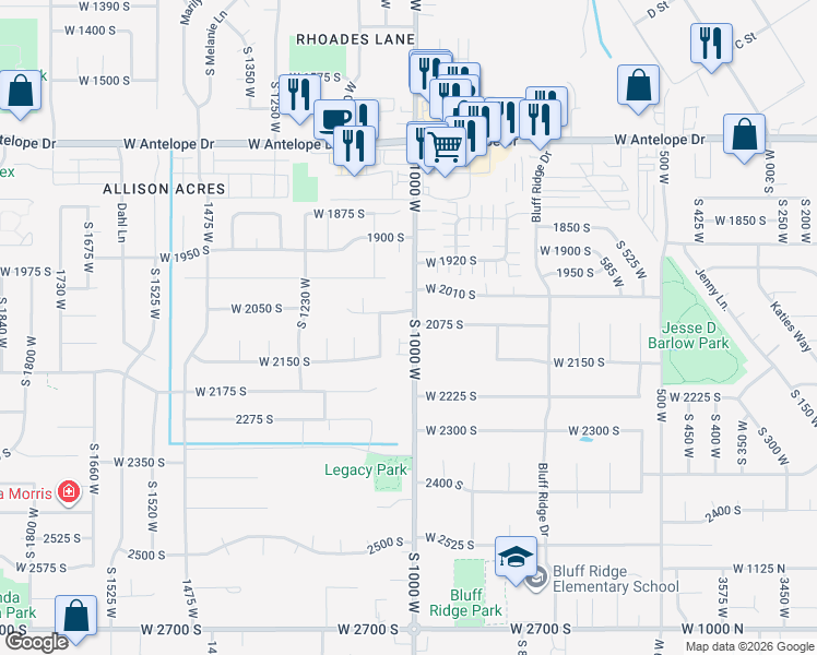 map of restaurants, bars, coffee shops, grocery stores, and more near 2076 South 1000 West in Syracuse