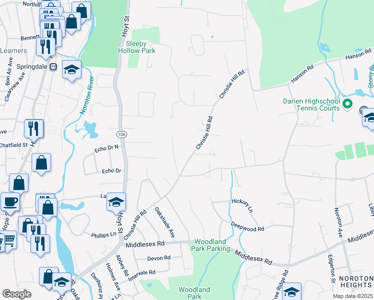 map of restaurants, bars, coffee shops, grocery stores, and more near 85 Christie Hill Road in Darien
