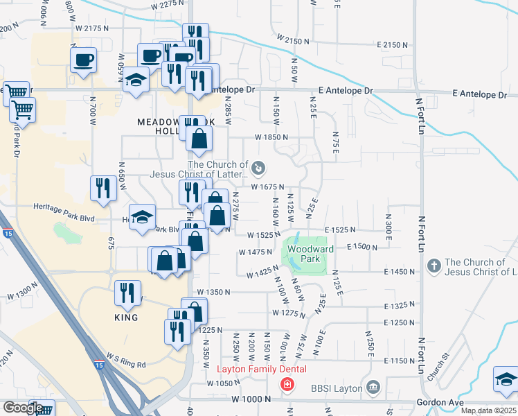 map of restaurants, bars, coffee shops, grocery stores, and more near 197 West 1650 North in Layton