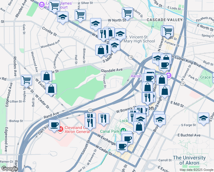 map of restaurants, bars, coffee shops, grocery stores, and more near 143 Locust Street in Akron