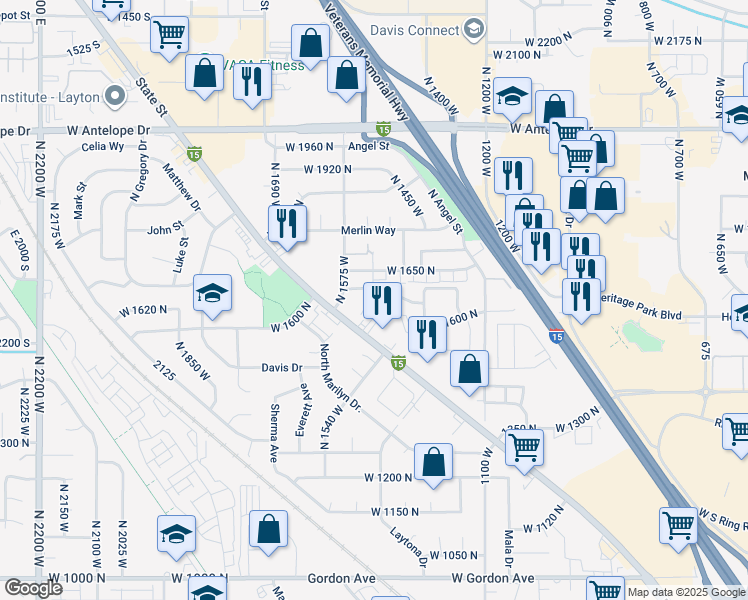 map of restaurants, bars, coffee shops, grocery stores, and more near 1600 North 1575 West in Layton