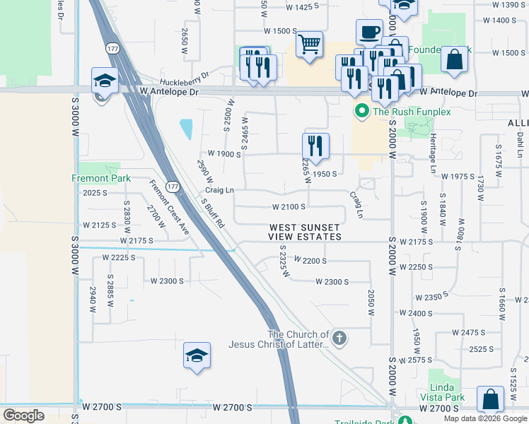map of restaurants, bars, coffee shops, grocery stores, and more near 2407 West 2100 South in Syracuse