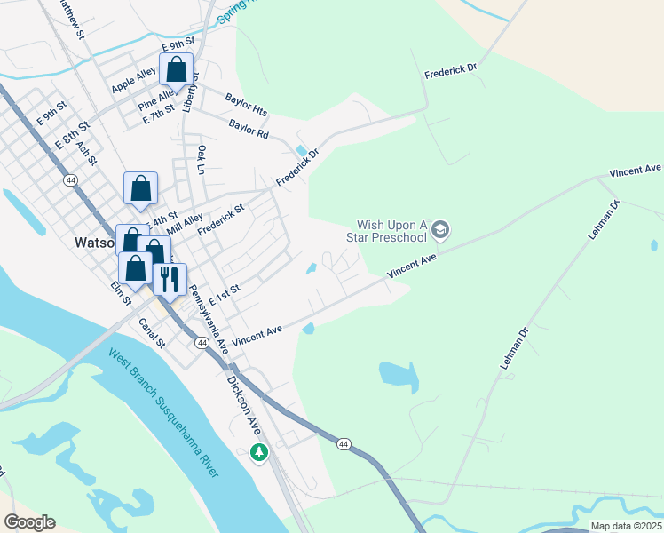 map of restaurants, bars, coffee shops, grocery stores, and more near Harmon Drive in Watsontown