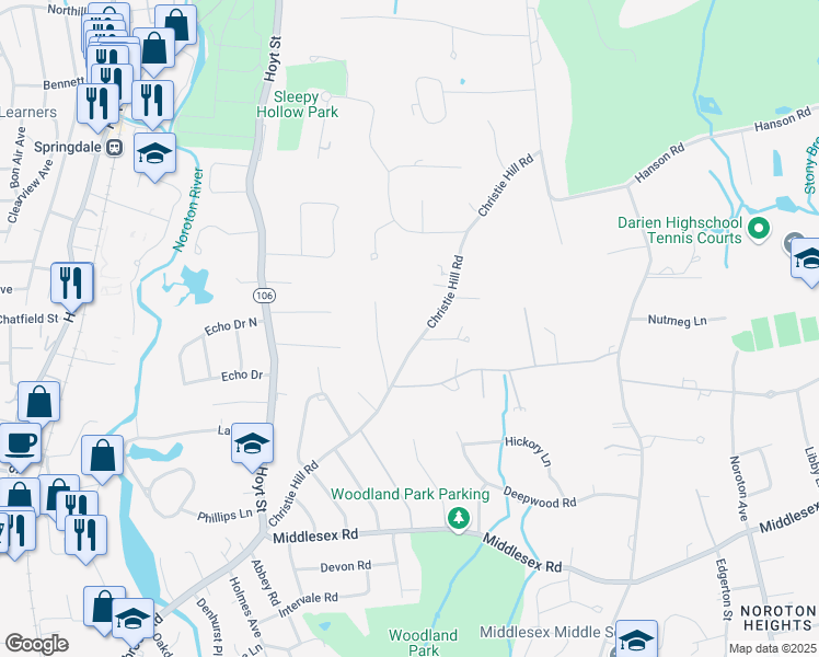 map of restaurants, bars, coffee shops, grocery stores, and more near 85 Christie Hill Road in Darien